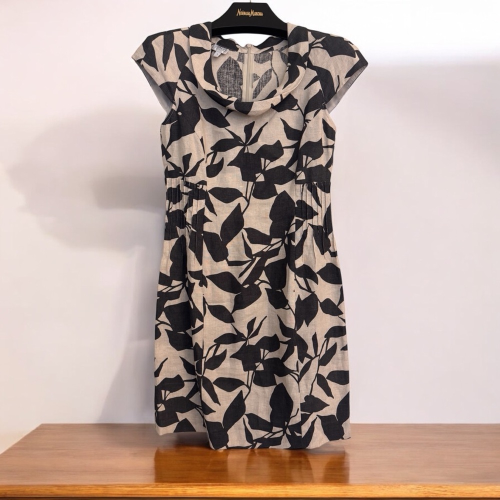 Linen Black and Cream Leaf Print Dress